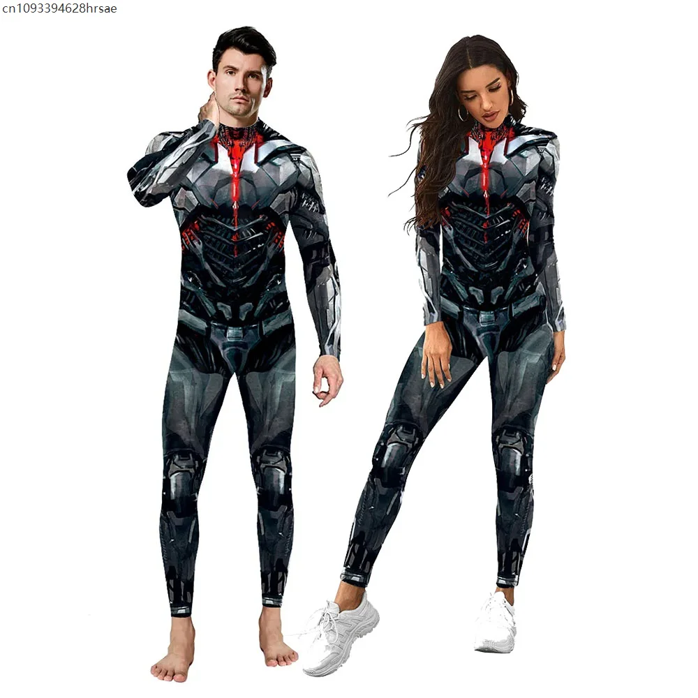 

2025 Mechanical Cyber Armor Men Women Superhero Cosplay Jumpsuit Costumes Zentai Bodysuit Halloween Party Dress