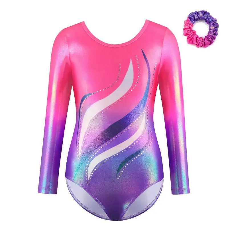 Kids Girls Ballet Dance Leotards Long Sleeve Diamond Figure Skating Bodysuit With Hairband Gymnastics Sleeveless Dance Wear