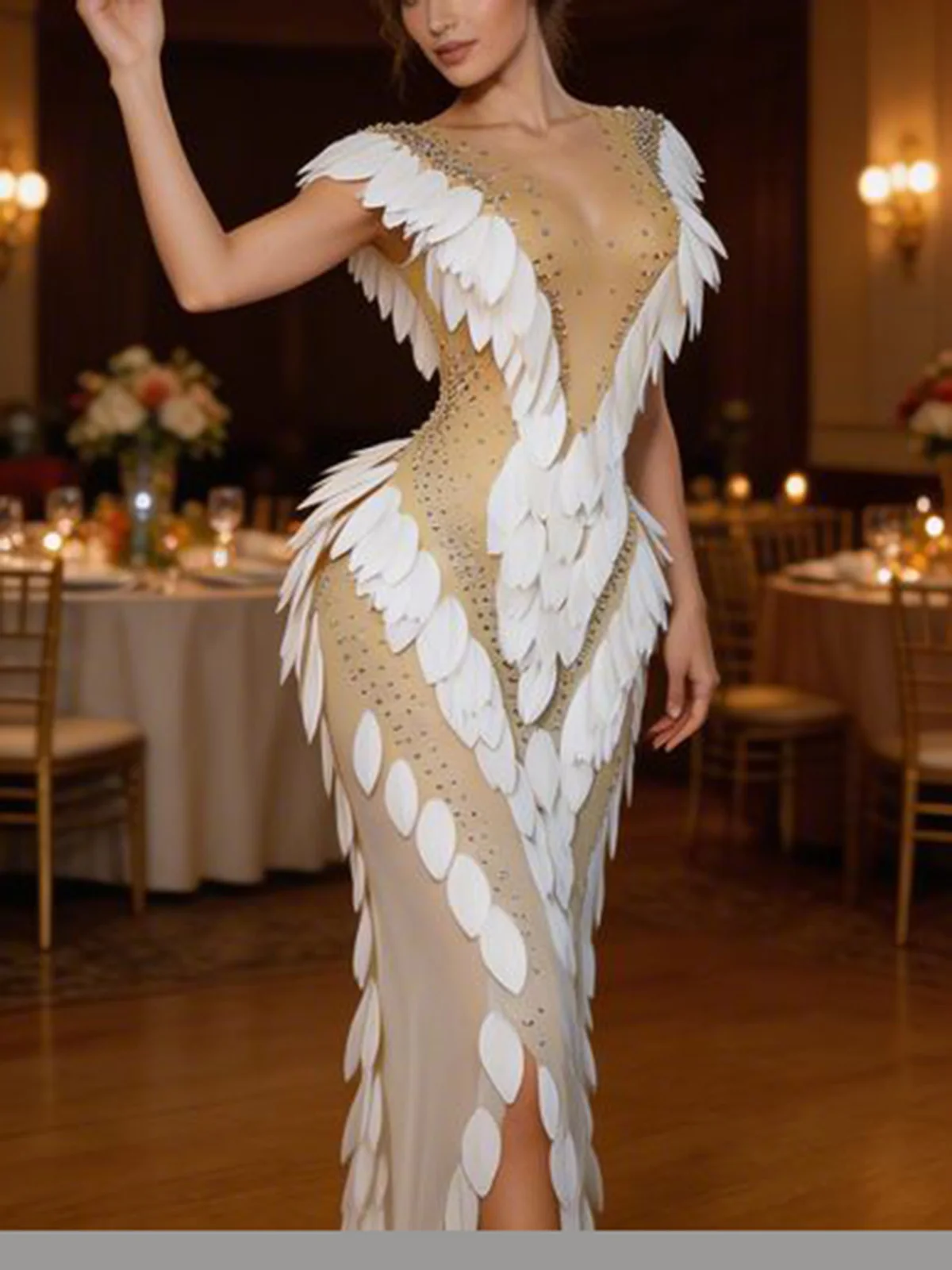 White Leaf Sequin Nude Sheer Rhinestone Dress Sleeveless Bodycon Maxi Gown Birthday Cocktail Drag Queen Stage Showgirl Outfit