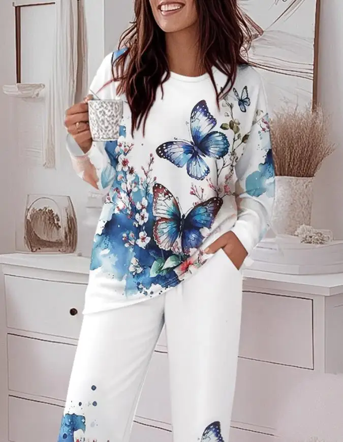 

Floral Butterfly Print Round Neck Long Sleeve Top and Causal Pants Set with Pocket