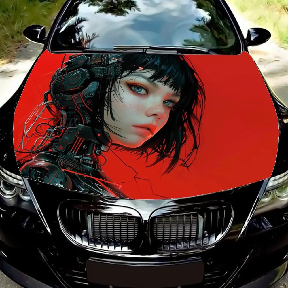 

Graphic car vinyl wraps with a high-tech girl image on a red flame background, car hood graphic sticker, vinyl material to refle