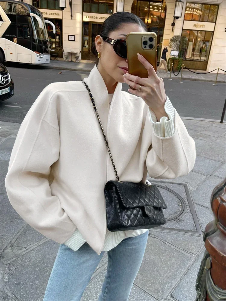 Casual Female Wool Overcoat Streetwear Patchwork Loose Cardigan Cropped Coat For Women Long Sleeve Solid Y2k Outwear 2024