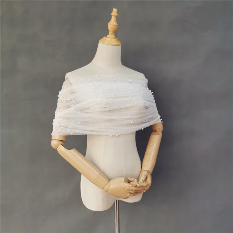 

Sheer Bolero Jacket Pearl Beaded Shawl Ruched Wedding Wrap Elegant Women Shrug Lace Up Back customized