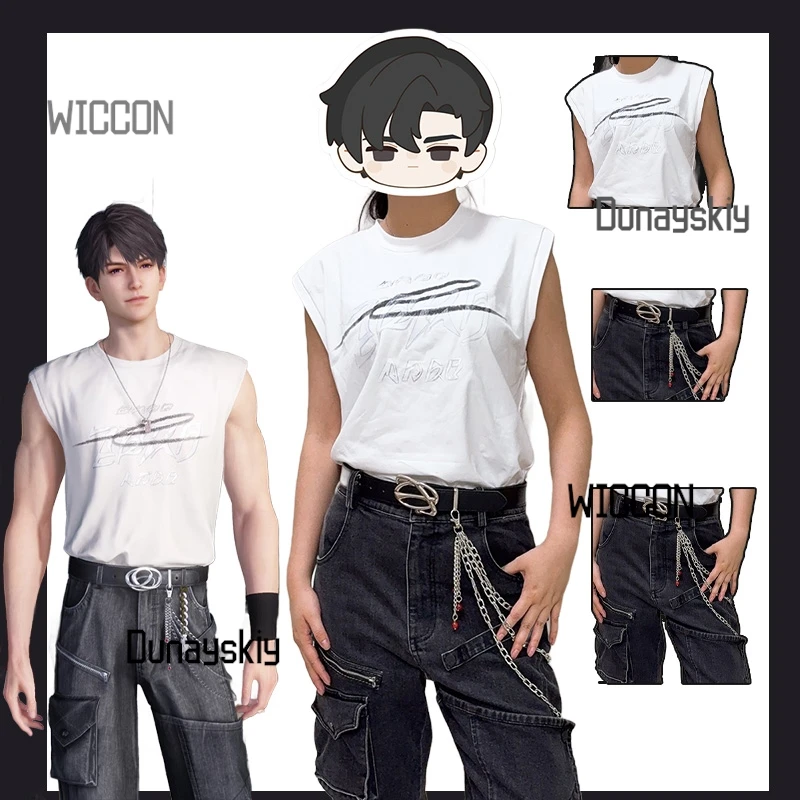 

Love and Deepspace Xia Yizhi Caleb Wind Rider Cosplay Set Sleeveless Top Belted Pants Chains Summer Anime Con Halloween Costume