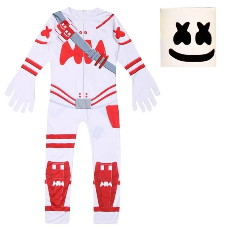 Kids Popular DJ Marshmello Cosplay Halloween Costume with Headgear Boys Girls Jumpsuit Carnival Party Performance  Bodysuit