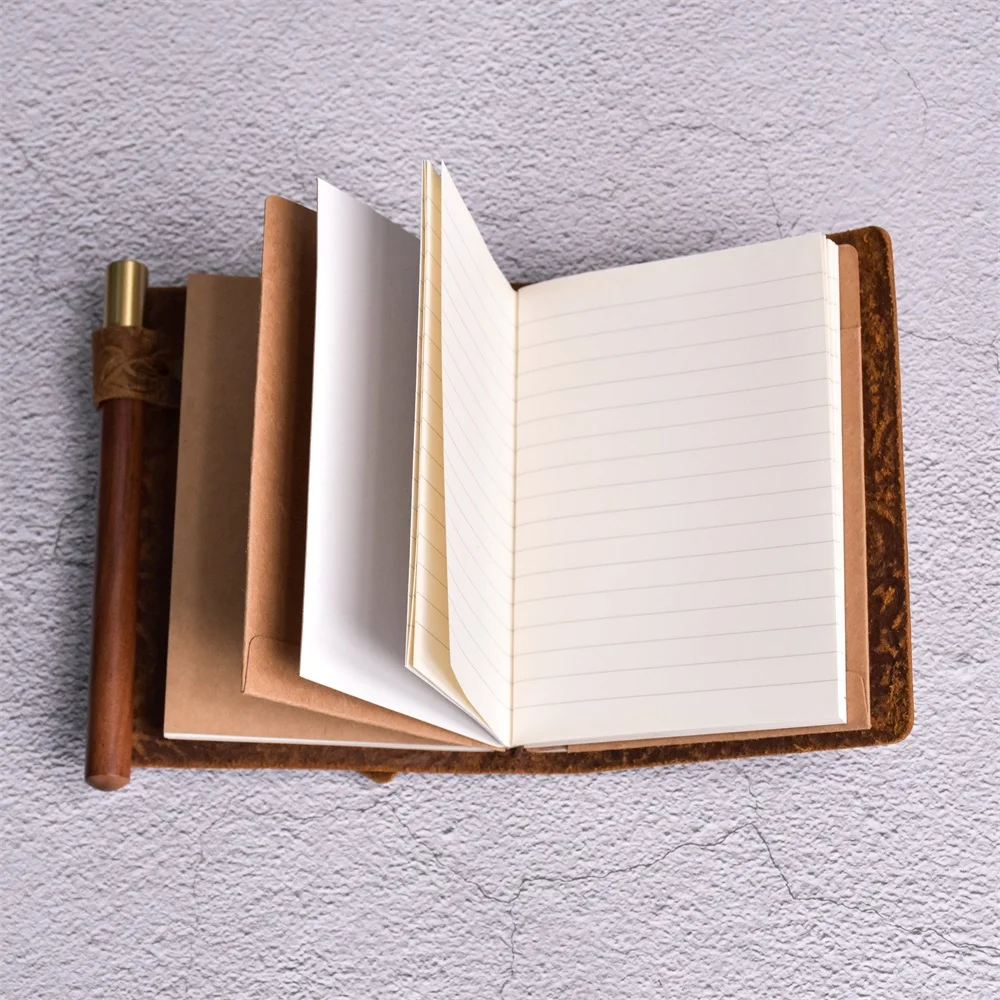 Imagem -02 - Flor Couro Genuíno Notebook Jornal Retro Marrom Planejador Faça Você Mesmo Substituir Livros Artesanal