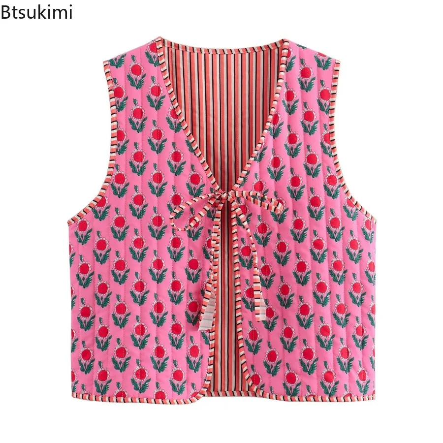 

2025 Autumn Winter Women National Style Sleeveless Patchwork Floral Print Quilted Vest Jacket Fashion Ladies Lace Up WaistCoat