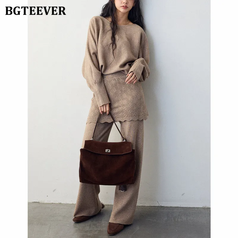 BGTEEVER Loose Batwing Sleeve Knit Pullover & Patchwork Crochet Panel Trousers Winter Two-piece Sweater Set Women