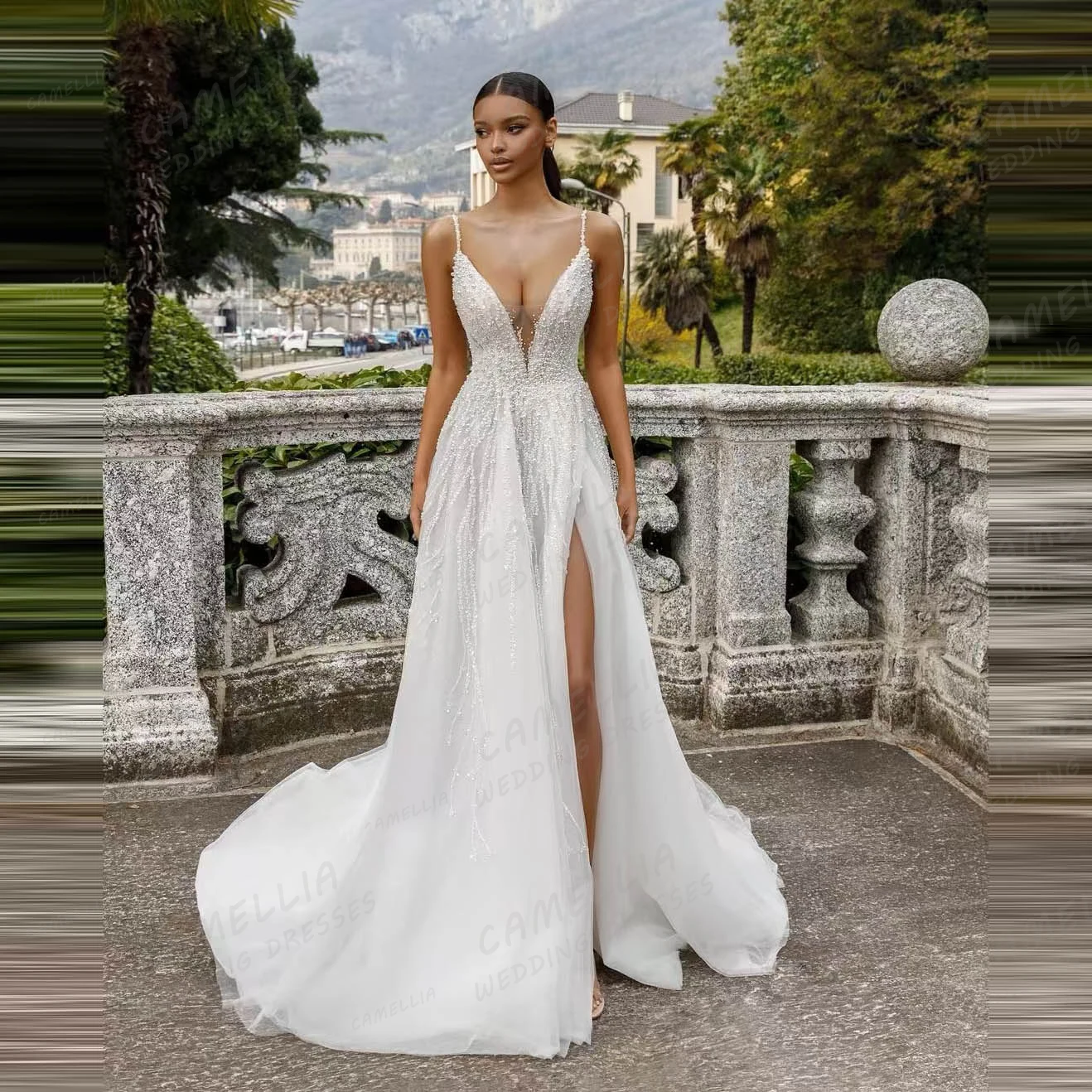 Luxury Wedding Dresses A Line Women's Sexy V Neck Appliques High Side Split Sleeveless Straps Bride Gown Vestidos Robe De Mariée