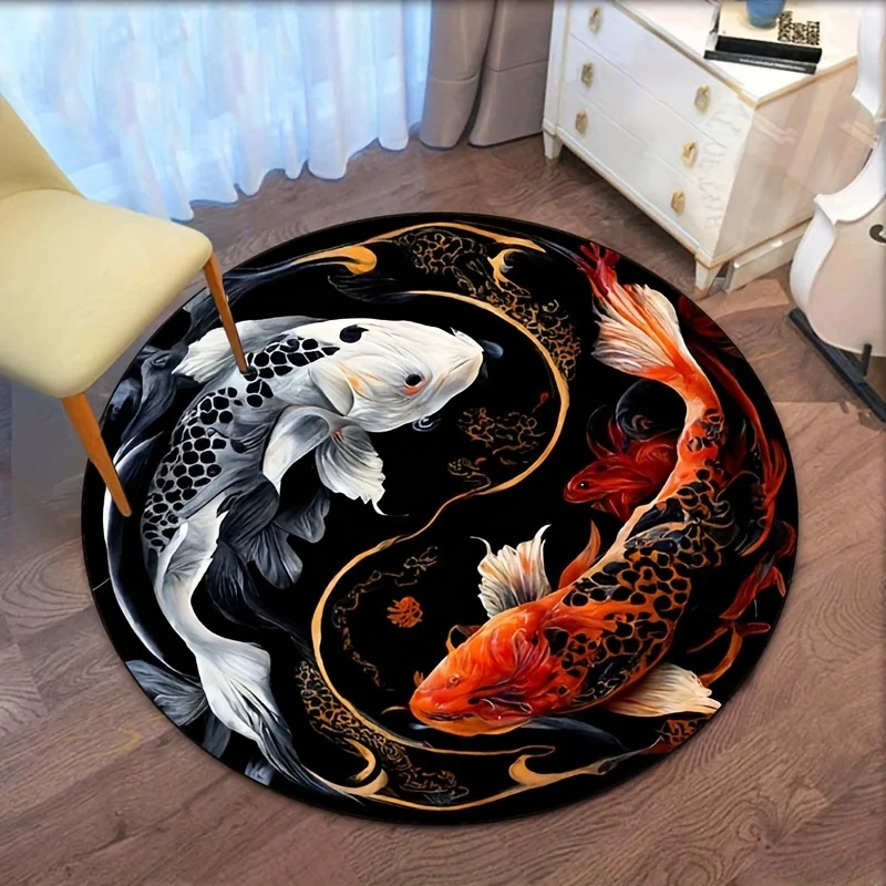 3D Yin Yang Koi Fish Round Rug – Crystal Velvet Soft Mat for Living Room, Bedroom & Chair – Home Decor Gift