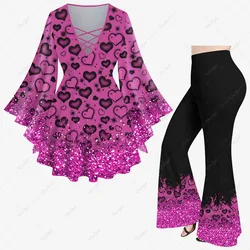 Top de manga acampanada entrecruzado de celosía con estampado 3D de lentejuelas brillantes de corazón para mujer, pantalones acampanados, conjunto a juego informal diario, nuevo