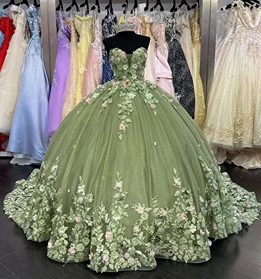 Luxury Green Quinceanera Dresses Charro Florals Vestidos De 15 Años Masquerade Sweet 16 Birthday vestidos de Xv Customized