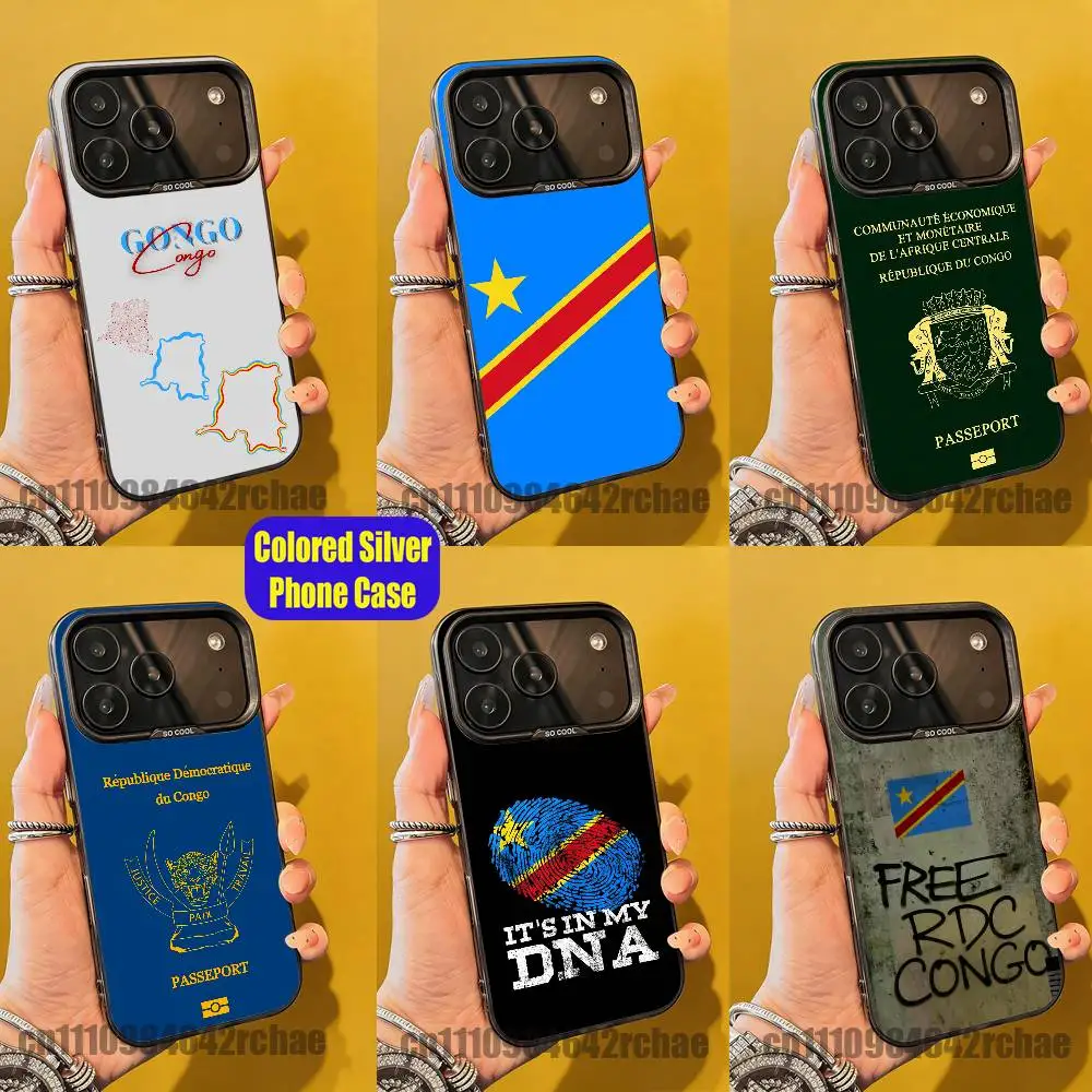 

For DRC Democratic Republic Congo Flag Emblem Phone Case iPhone 15,12,11,14,13,16,17,E,Max,Plus,Air,Pro,Mini Color Silver Cover