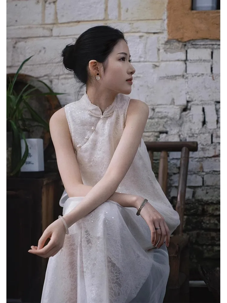 Été nouveau chinois Zen Sle mariage Dr blanc Svel Qipao dentelle jupe longue pour les femmes taille haute a-ligne robe