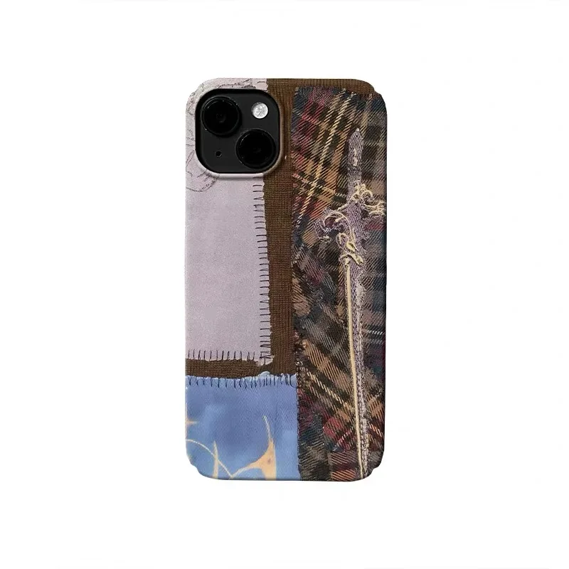 

Blue Brown Spliced Fabric Sword Phone Case for IPHONE 17 Air 16E 15 PROMAX 14 Plus 13 12 MINI 11 16Plus XR Acrylic Phone Cover