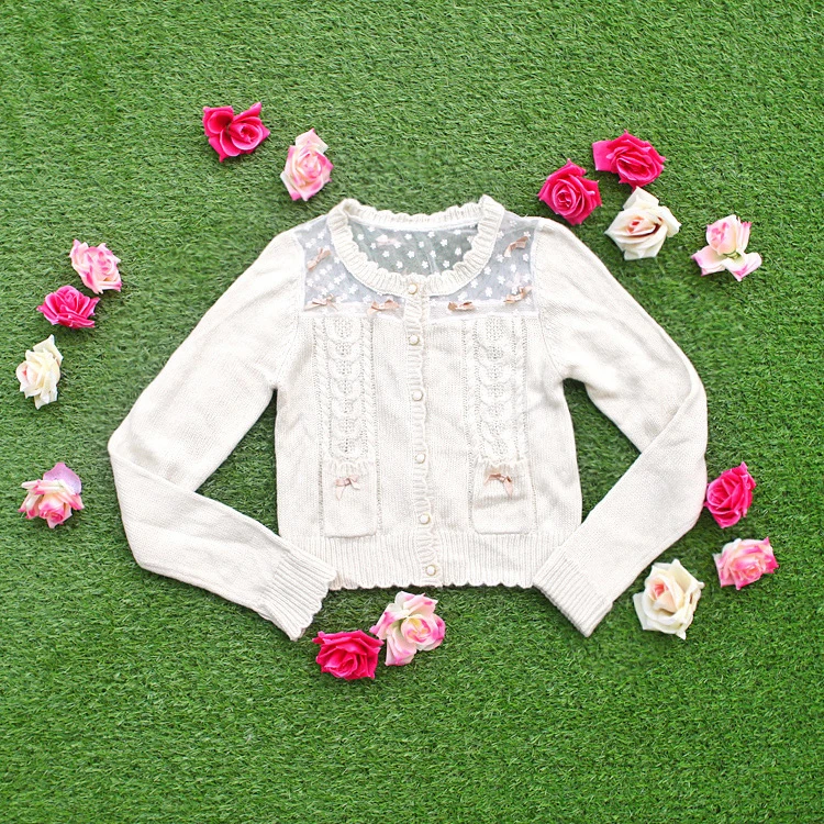 Sales Japan Style Sweet Girl Candy Color Bows Decorated Lace Mesh Jacquard Cardigan Sweater