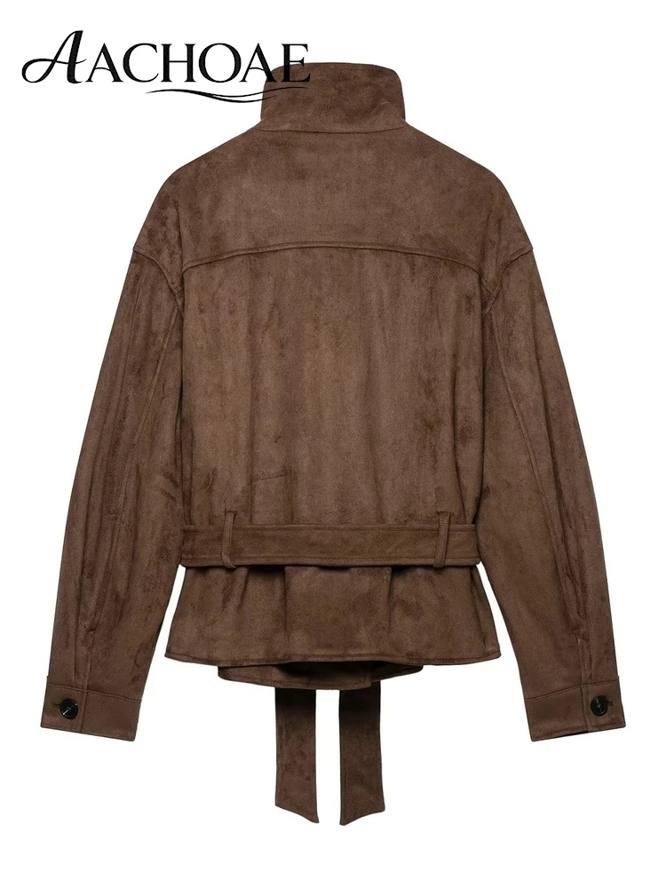 AACHOAE Women Faux Suede Jacket Belted Waist Stand Collar Button Front Loose Long Sleeve Vintage Casual Short Coat Outerwear