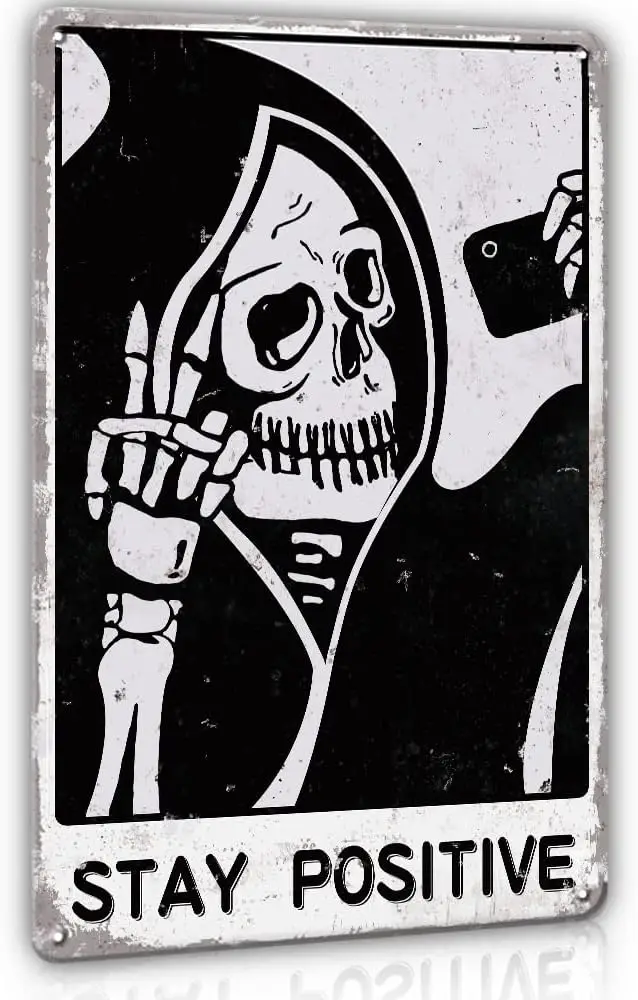 Gothic Home Decor Stay Positive Metal Tin Signs Gothic Decor - 12x8 Inches Novelty Spooky Home Decor Skull Decor Signs, sign