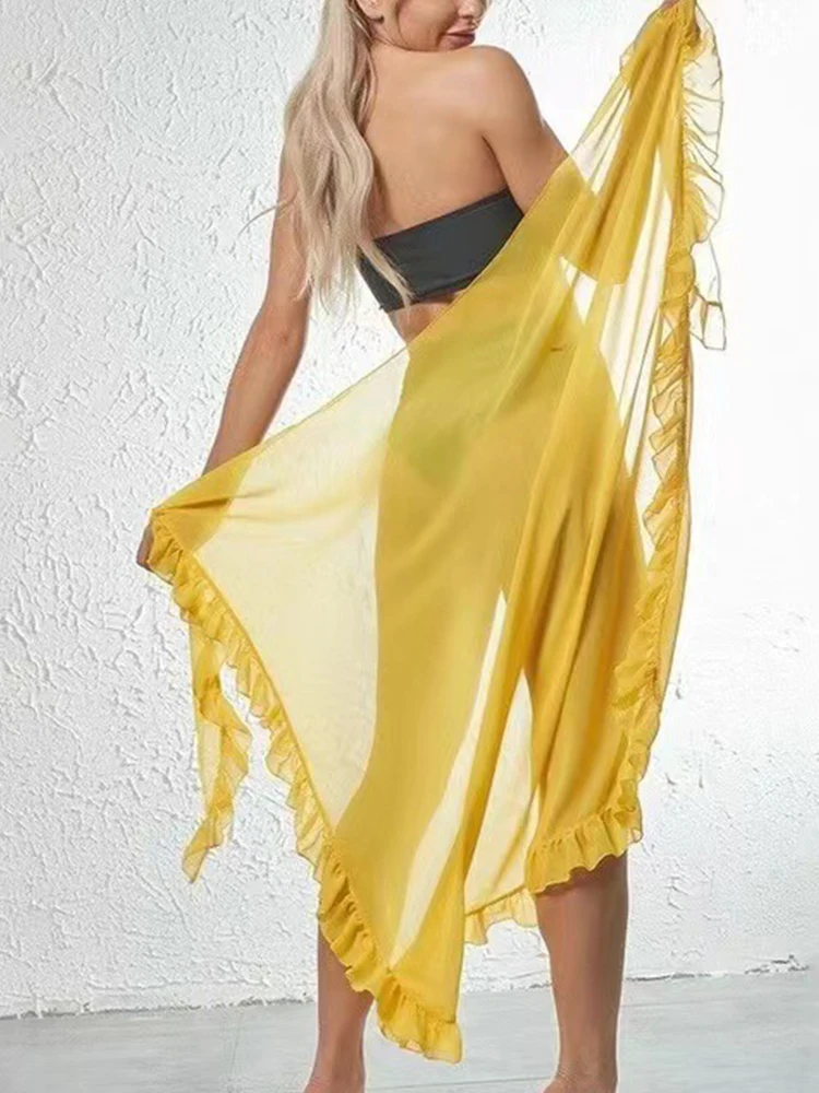 Women Chiffon See-Through Beach Bikini Cover Up Wrap Scarf Swimwear Pareo Sarong Dress Solid Ruffle Casual Beach Dress