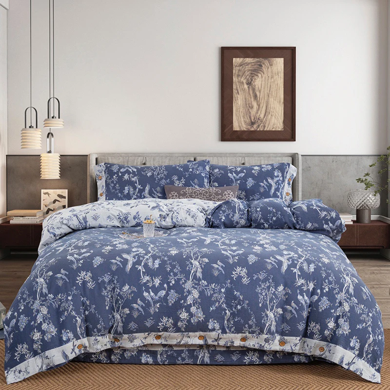 

Vintage American Country Floral Bird Bedding Set 100% Cotton Double-Layer Gauze Soft Duvet Cover Set Bed Sheet Set Pillowcases