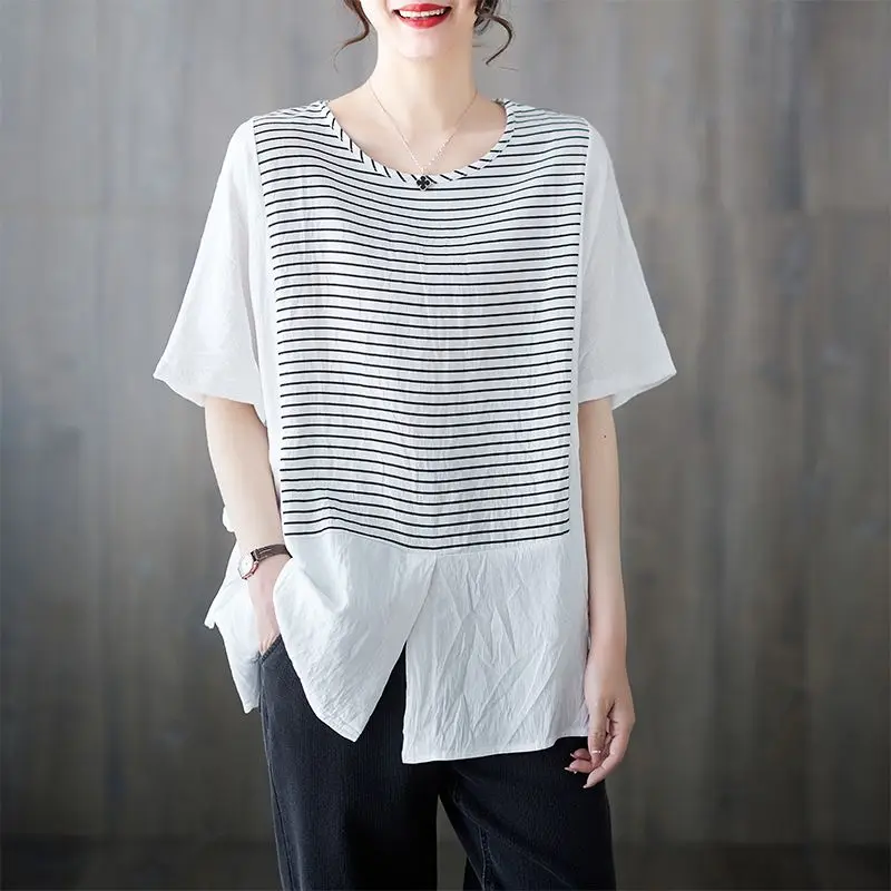 Simplicity Round Neck T-Shirts Straight Loose Pullovers Short Sleeve Striped Office Lady Fashion Casual Women\'s Clothing 2023