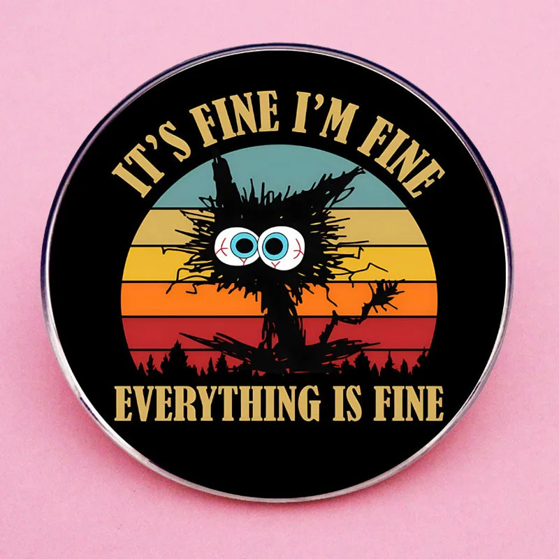 Everything Is Fine English Brooch Creative Black Cat English Letter Alloy Badge Trendy Versatile Clothing Bag Accessories Badge image 2