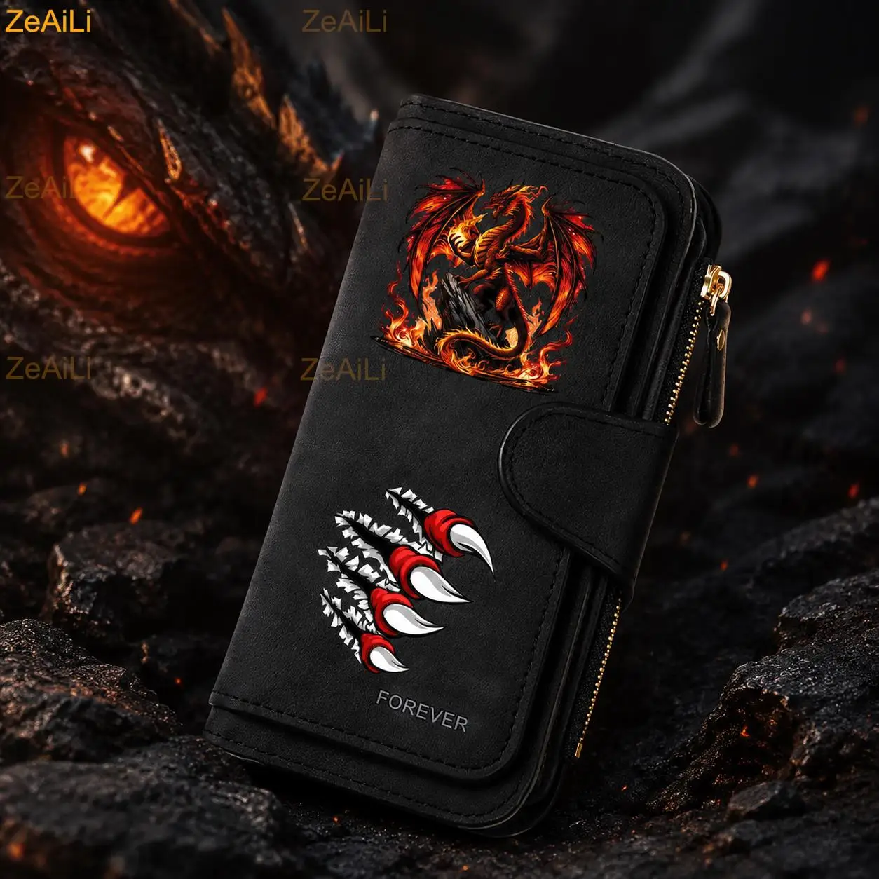 Fiery Red Dragon Dynamic Flame Paw Men Women Long Zipper Wallet Buckle Handbags Coin Purse Multi-Card Holder Large Capacity Bag