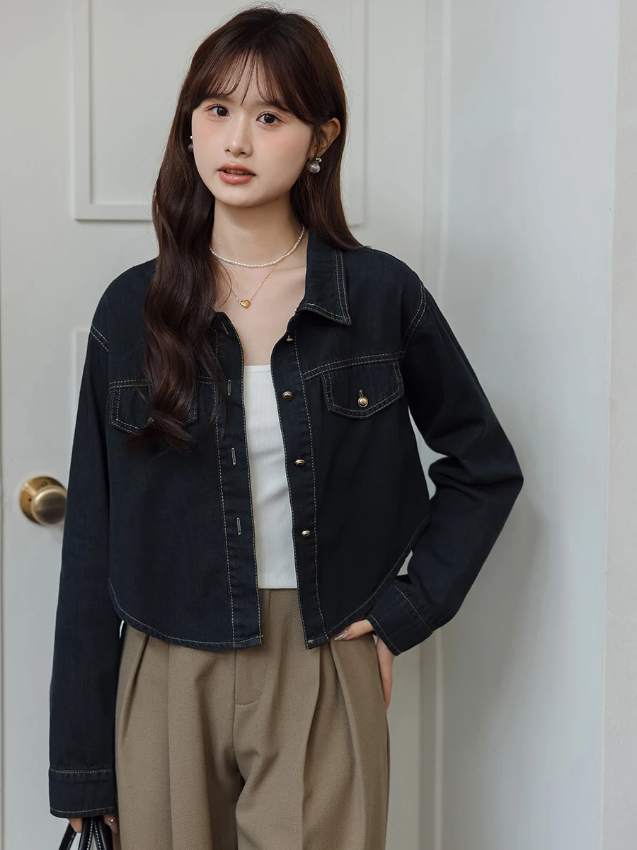 

Faionable Retro Deep Blue Denim ort Jaet Spring Autumn Women's Clothing Commute Trendy Top Button Design Straight Cut