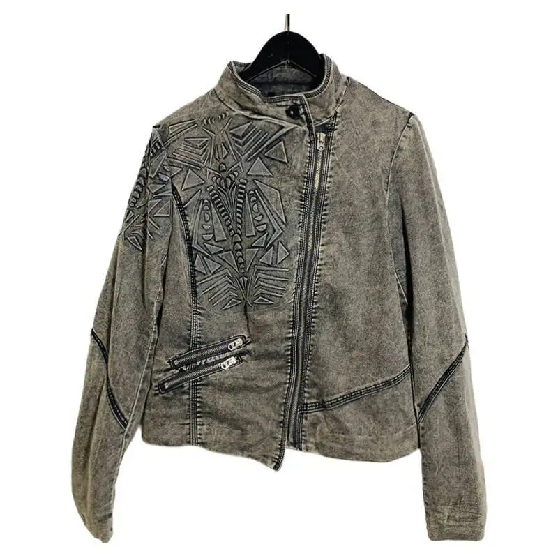 2025 Autumn Women's Denim Jacket Stand Collar Vintage Denim Jacket Cotton Material Pleated Graphic Outerwear
