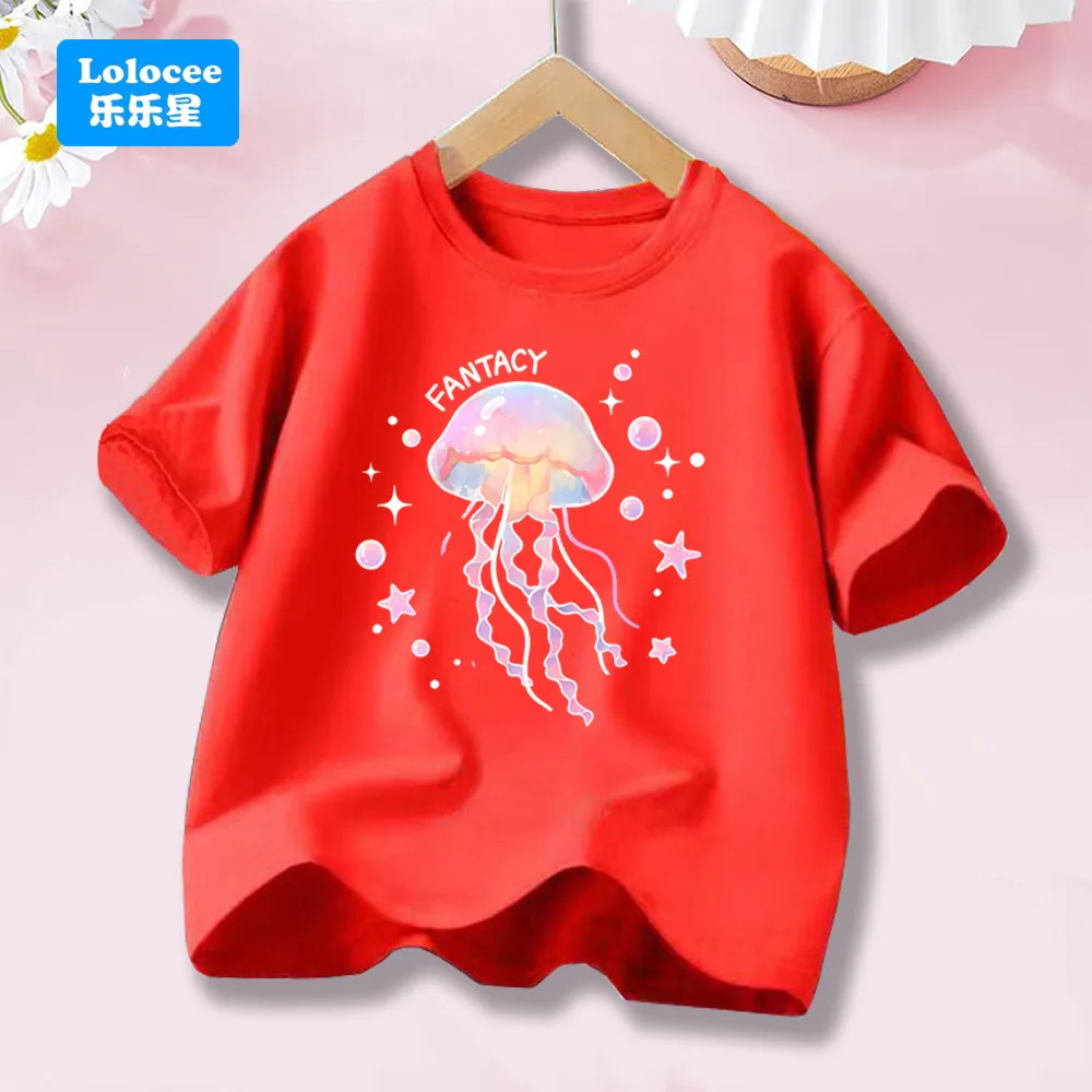 

Swimming Colorful Jellyfish Print Girls' Short Sleeve Harajuku O-Neck Tops Vintage Kids Cotton T-Shirts SM01