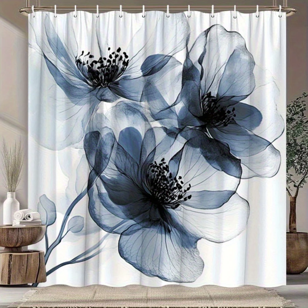 Elegant Blue Floral Watercolor Abstract Shower Curtain Waterproof Bathroom Curtain Modern Botanical Print Home Decor Accessories