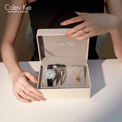 ColevKie-Relojes de pulsera con correa de cuero para mujer, reloj de cuarzo redondo con diamantes, conjuntos de regalo a la moda