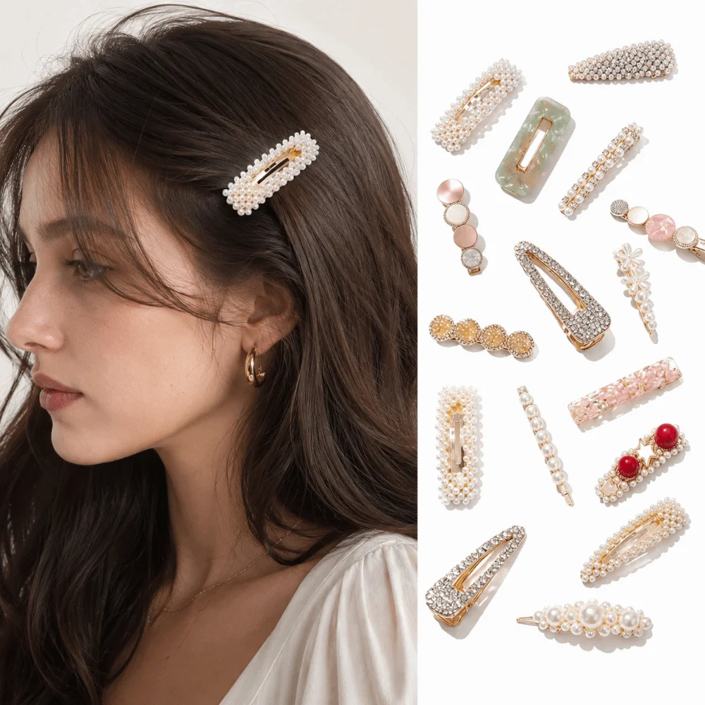 48PCS Assorted Shapes Pearl Rhinestone Hair Clip Random Mixed Crystal Beaded Decorative Hair Barrettes Mixed Style