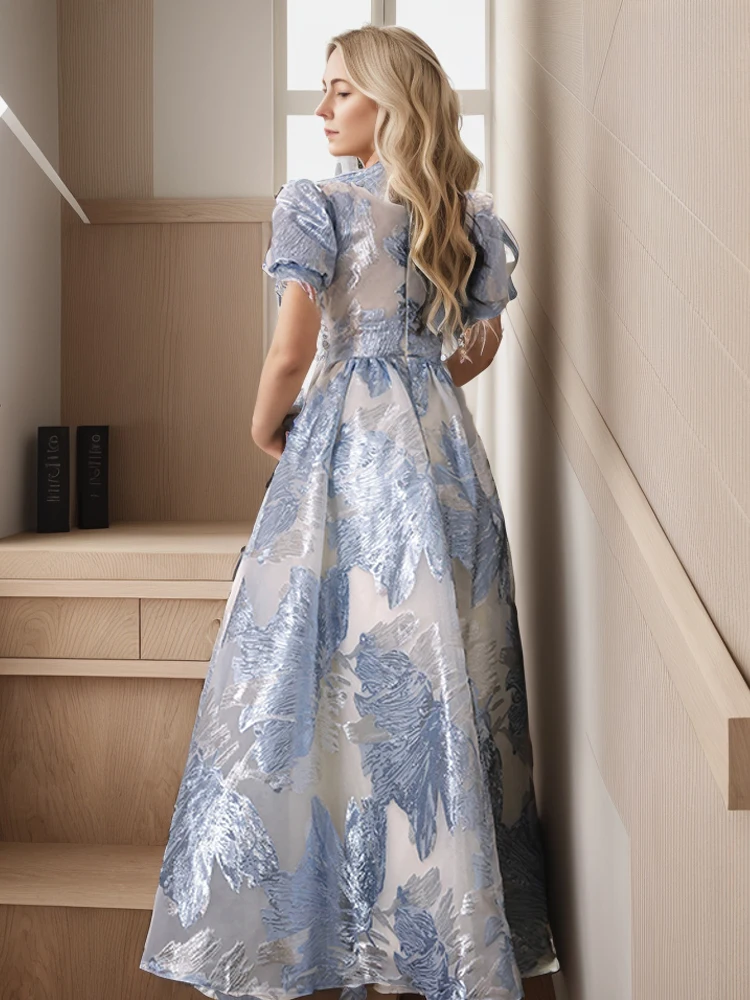 Luxury Blue Lace Prom Dresses 2023 Elegant V-Neck Luxury Appliques Floor-Length Long Women Birthday Evening Party Gowns