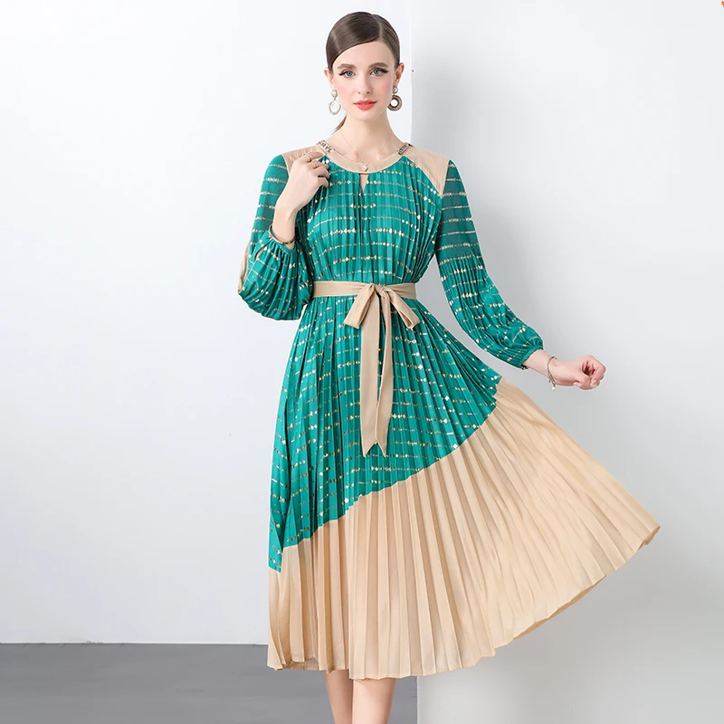 

Tee-Panel Design round Ne Cross-Border High-End Color Blo Gold Stamp Lantern Sve Pleated plus Size Women's Dr