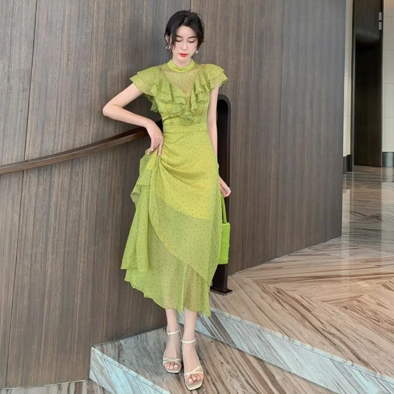 

2023 Summer New Fairy Women Dress Ladies Ruffles High Waist Sheath A Line Beach Dress Retro Green Polka Dot Chiffon Long Dresses