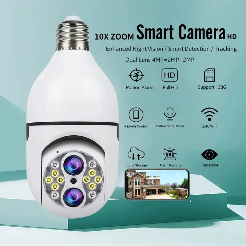 4MP UHD IPC360Home APP Dual Lens DC/E27 Lamp Head 10x Zoom Full Color IP Camera AI Humanoid Detection Security Baby Monitor