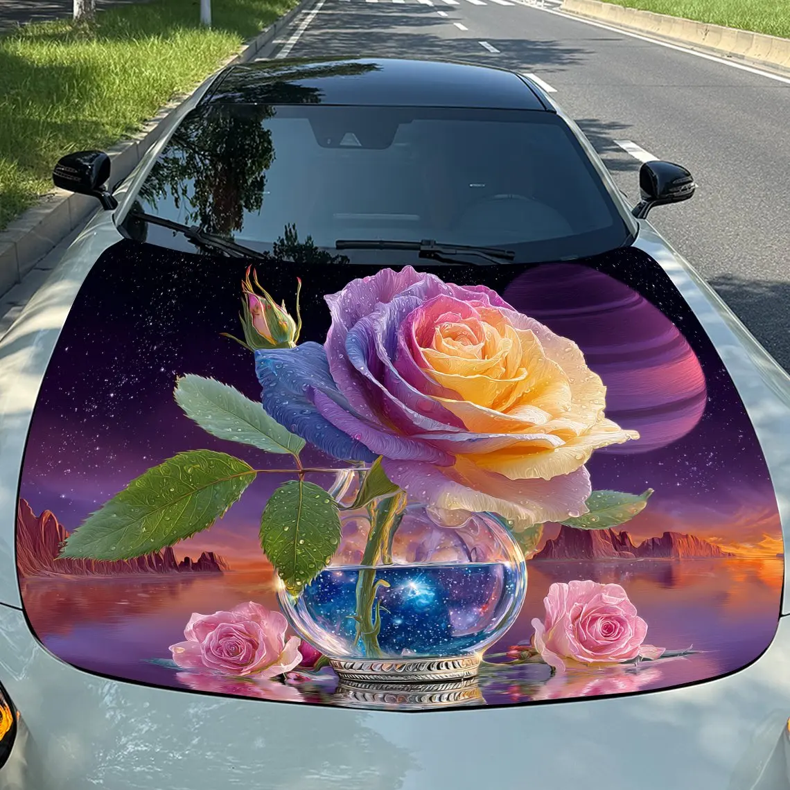 

Dusk Sky Gradient Rainbow Rose Pattern car hood stickers, waterproof self-adhesive, scratch resistant, easy to stick, durable ca