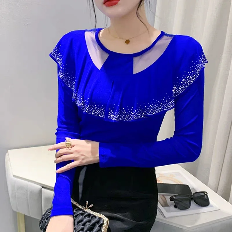 Autumn New Mesh T-Shirt Fashion O-Neck Hollowed Out Ruffles Hot Diamonds Tees Elegant Long-Sleeved Tops Women\'s Blusas V1119