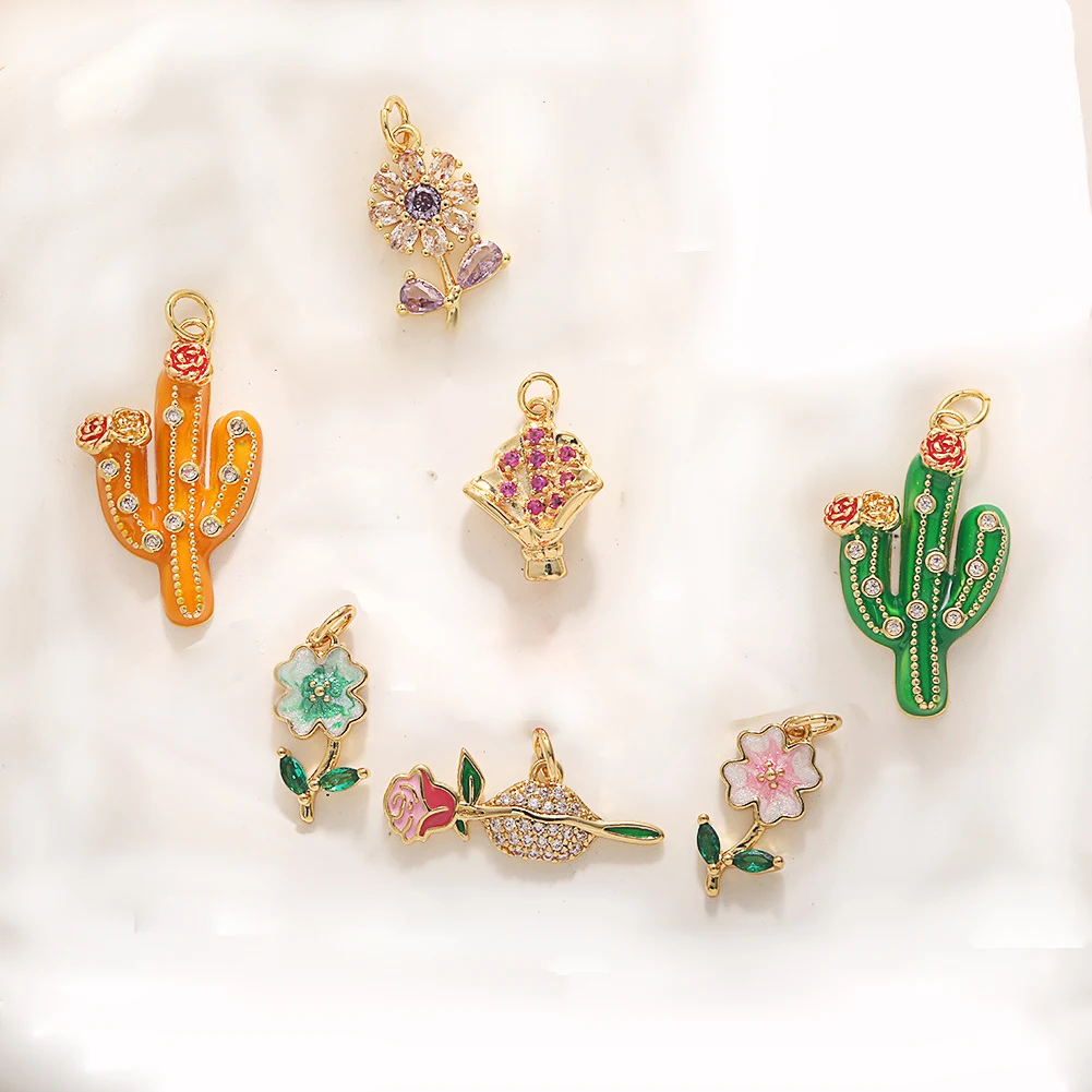 

10pcs/lot Mix DIY Copper Slightly inlaid zircon cactus Rose Shaped For Charms Bracelet Pendant