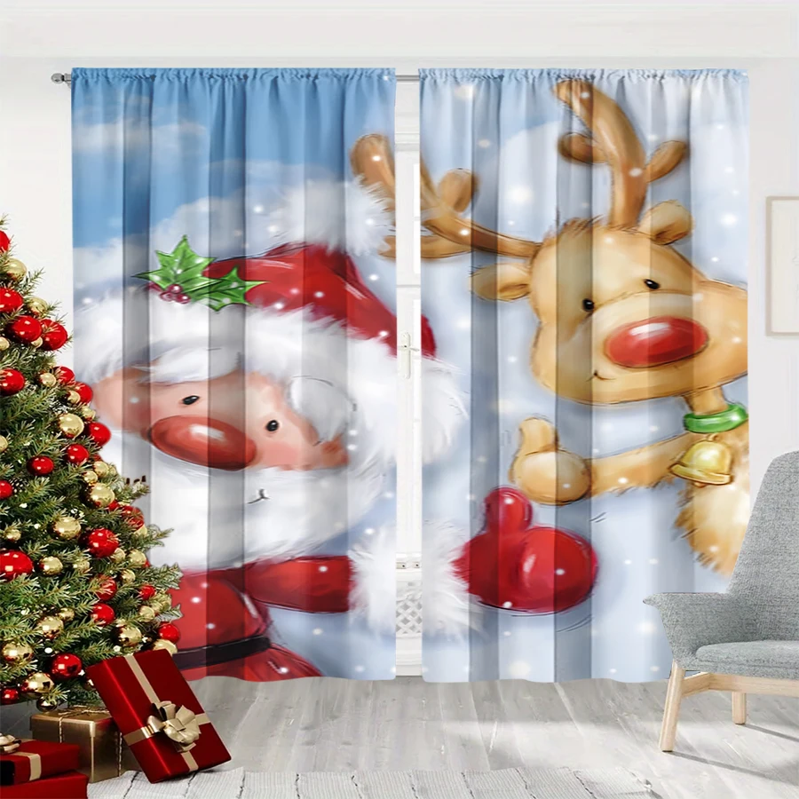 2PCS Christmas Winter Curtains, Cartoon Santa Reindeer Red Nose Snow Blue Cute, Digital Print, Bedroom Living Room, Home Decor