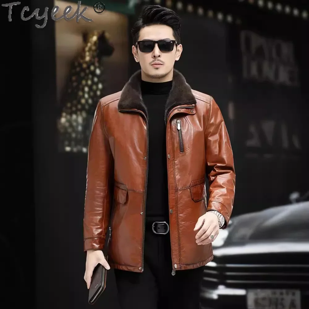 Tcyeek Genuine Leather Man Jackets Mink Fur Coat Men Winter Jacket Mink Fur Collar Top Layer Cowhide Mens Coats Куртка Мужская