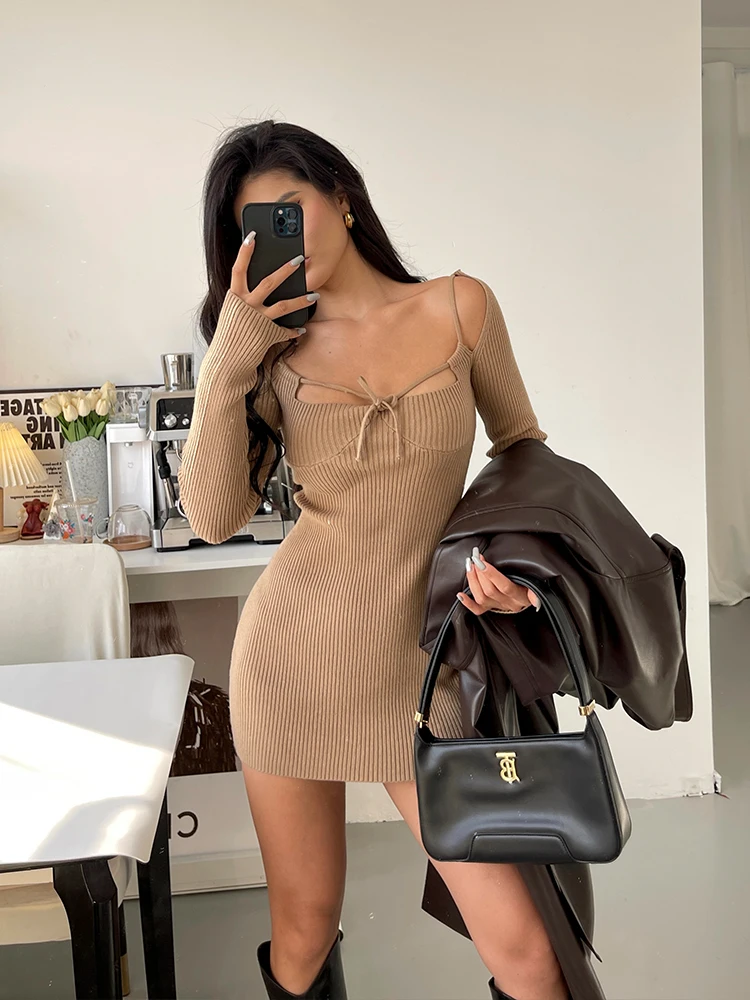 Rororiri aus geschnittene Bandage Mini-Strickkleid Frauen sexy schlanke figur betonte Kleid solide lange Ärmel einteilige Büro Dame Freizeit kleidung