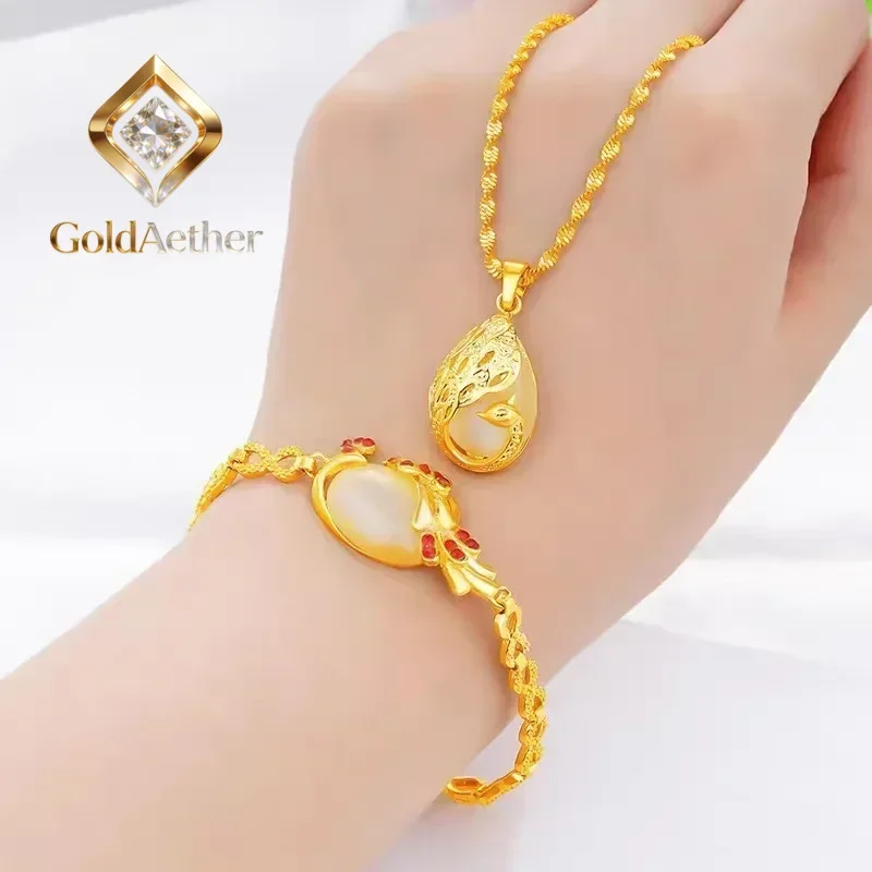 GoldAether Luxury 24K yellow gold 9999 real gold Ladies Necklace Bracelet Peacock two-piece Pendant Cat's Eye AU750 Gold jewelle