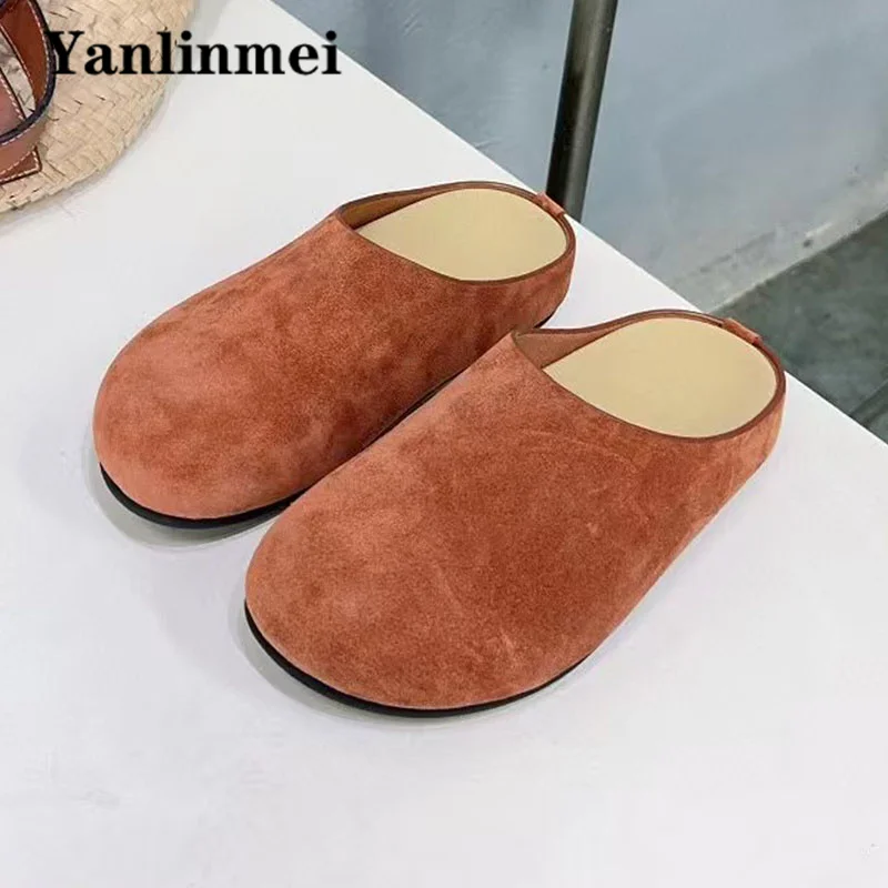 Hot Sales Cow Suede Slippers For Women Round Toe Flat Slides Outdoors Casual Mules Shoes Comfort Thick Sole Half Slippers Woman