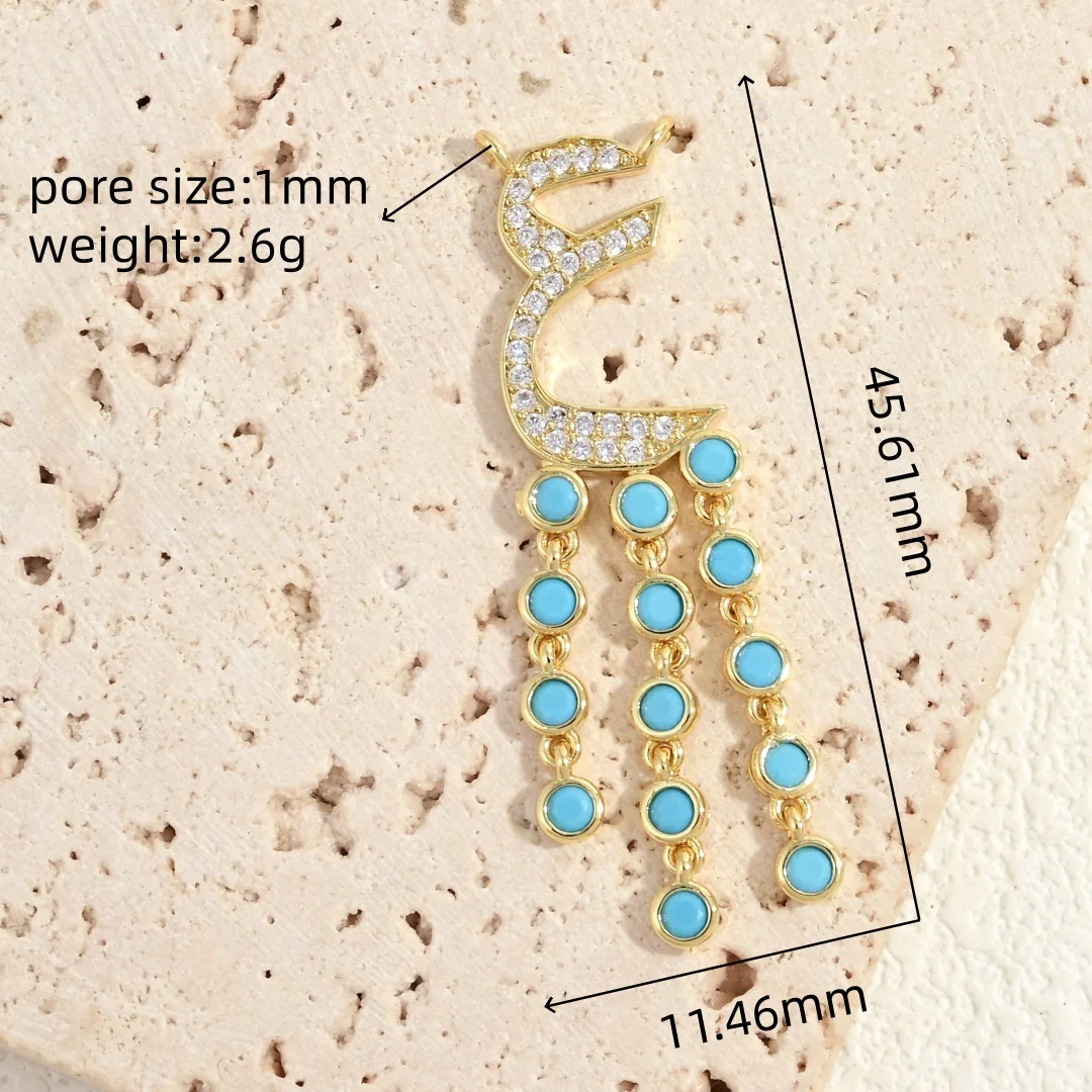 Elegant Turquoise Arabic Letter Tassel Charms, Gold Tone Micro-Pave CZ Alphabet Dangle Pendants for Jewelry DIY：VD2501