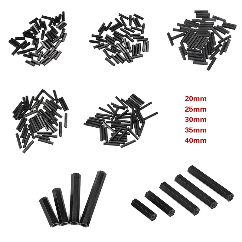 50PCS Black M3 Hex Nylon Standoff Spacer Column 20/25/30/35/40mm Flat Head Double Pass Nylon Plastic Spacing Screws