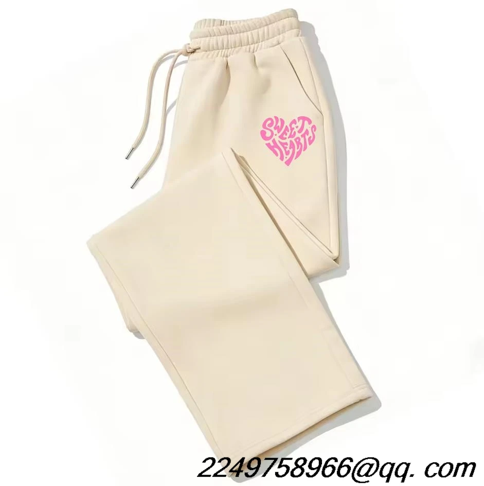 Women's heart-shaped printed fleece sports pants, men's warm, casual, loose, fashionable, versatile, street trend