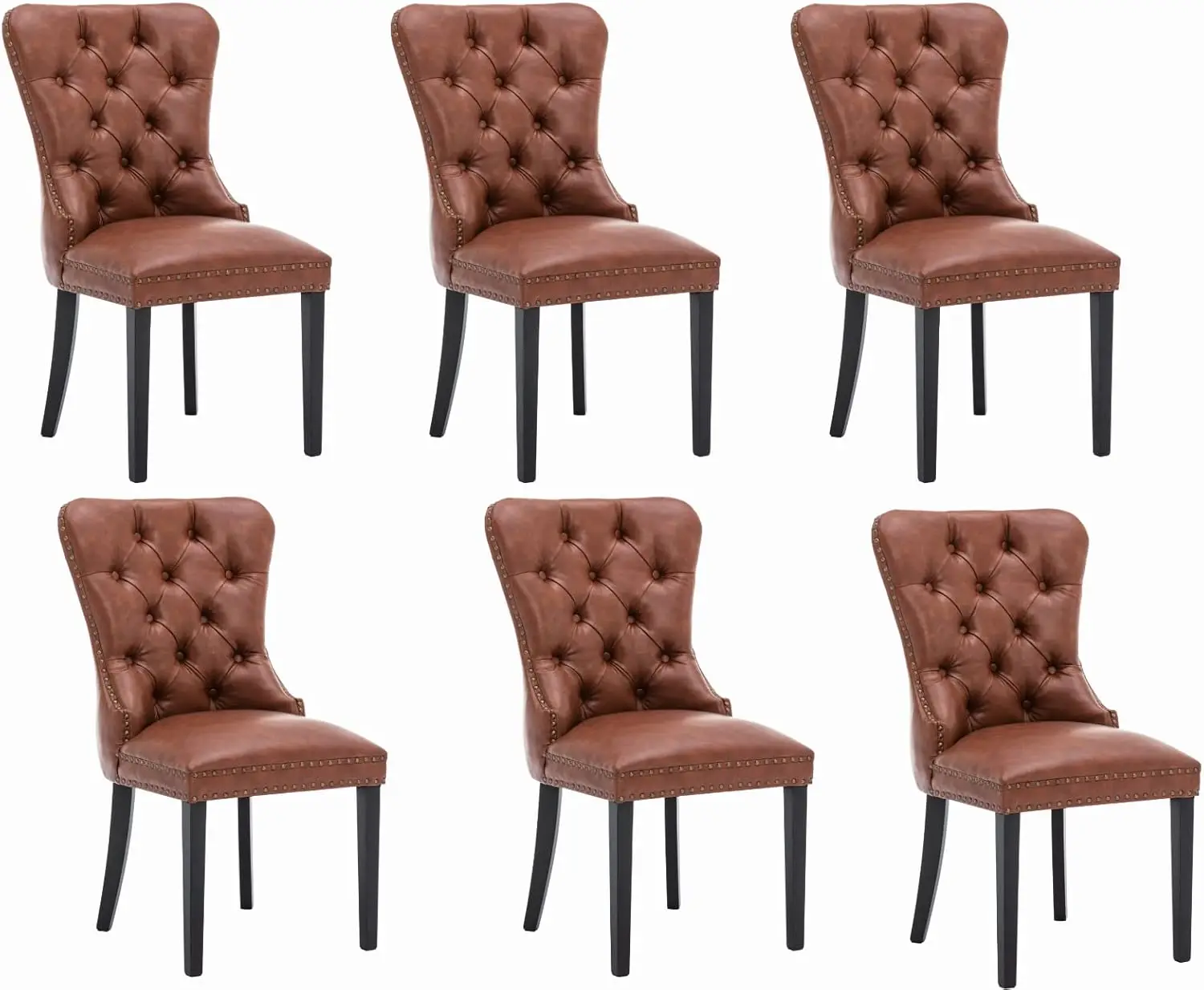 Dining Chair A Set of 6 Leather Dining Chairs Wooden Legs Bunched Velvet Upholstered Side Chair Nailhead Decoration Brown