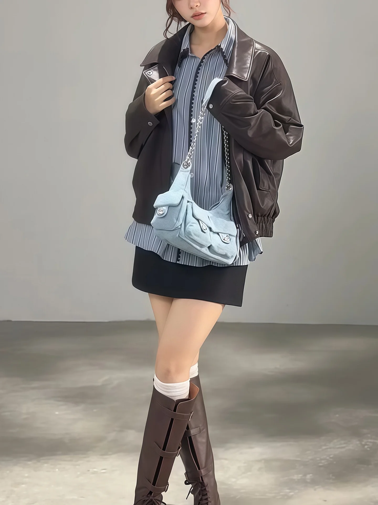 アメリカン スレ ブラウン レザー ジャケット レディース ルーズ オーツ コート 秋冬 新デザイン センセーション スモール エンス カジュアル ジャケット